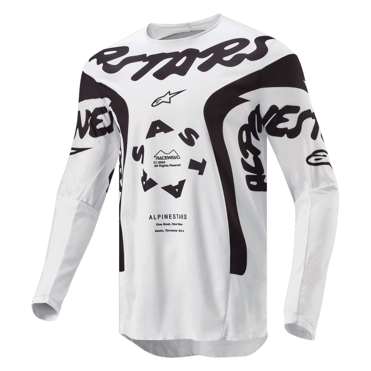 Alpinestars 2024 Racer Hana jersey, motocross-trøje, hvid og sort, med markant sort Alpinestars-branding på brystet, cirkulært ASTARS-logo og tekniske mesh-paneler til off-road præstation.