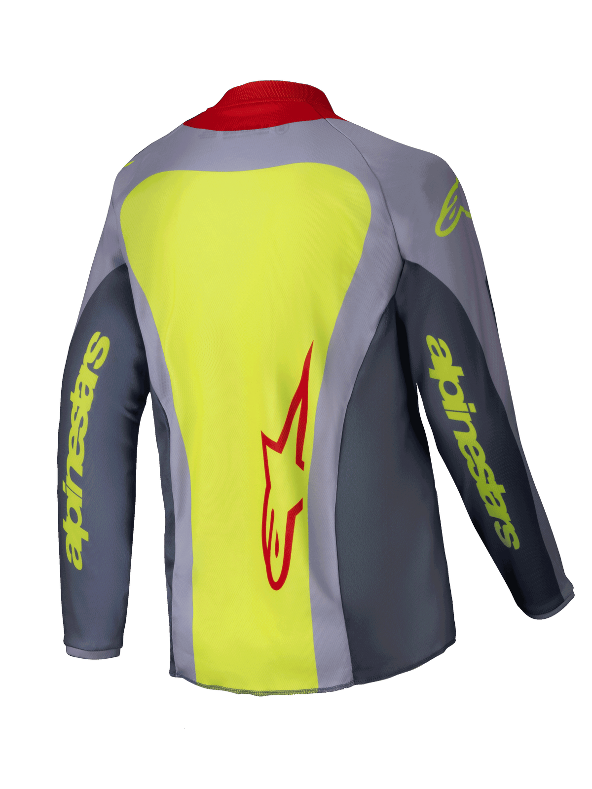 Alpinestars 2025 Youth Racer Melt trøje, motocross-trøje til unge, klar rød og grå med neongule detaljer, set bagfra med et stort neongult panel og rødt Alpinestars-logo, grå ærmer med gul tekstbranding og rød krave, letvægts teknisk beklædning til off-road racing