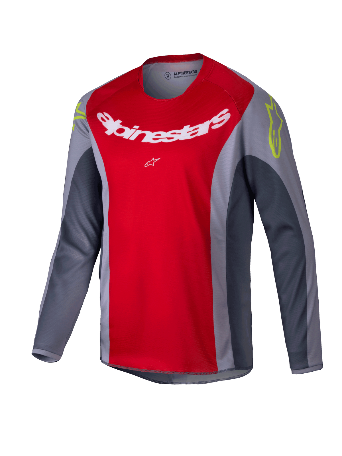 Alpinestars 2025 Youth Racer Melt trøje, motocross-trøje til unge, klar rød og grå, med et stort hvidt logo på brystet og neongule detaljer på skuldrene, langærmet teknisk materiale til off-road kørsel
