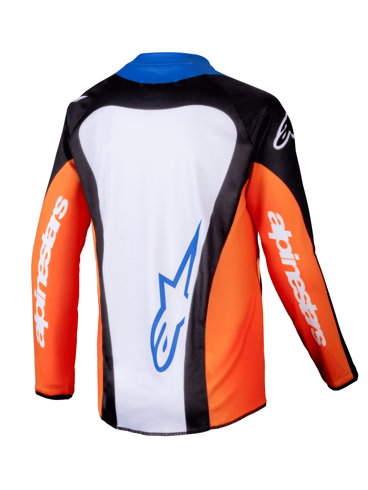 Alpinestars 2025 Youth Racer Melt jersey, motocross-trøje, orange, blå og hvid, set bagfra med hvidt rygpanel og blåt logo, orange ærmer med hvid branding, ergonomisk design til off-road kørsel for unge