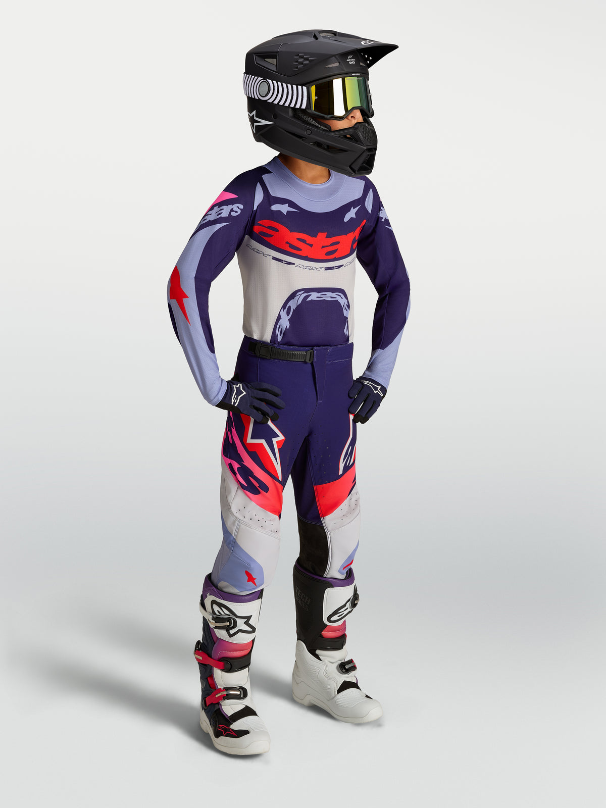 Alpinestars 2027 Supertech Dyna trøje og gear set til ungdom, lilla og pink, ventileret race-fit motocrossudstyr.