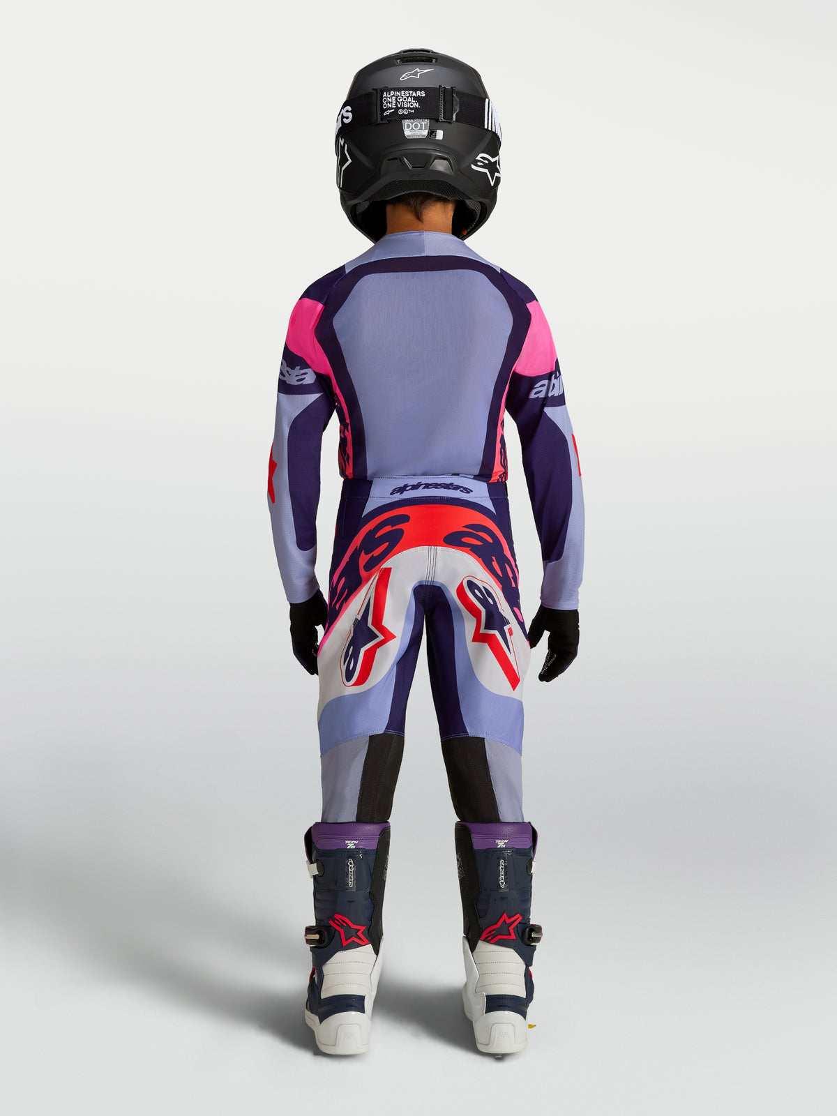 Alpinestars Ungdom Supertech Dyna Gear Set, lilla og pink motocross-sæt med letvægts trøje i strækmesh, set bagfra