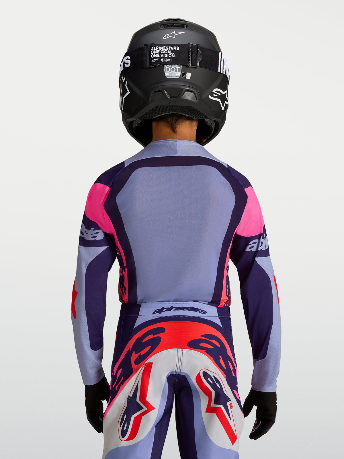 Alpinestars Supertech Dyna trøje til ungdom, lilla og pink motocrosstrøje, åndbar race-fit konstruktion, set bagfra.