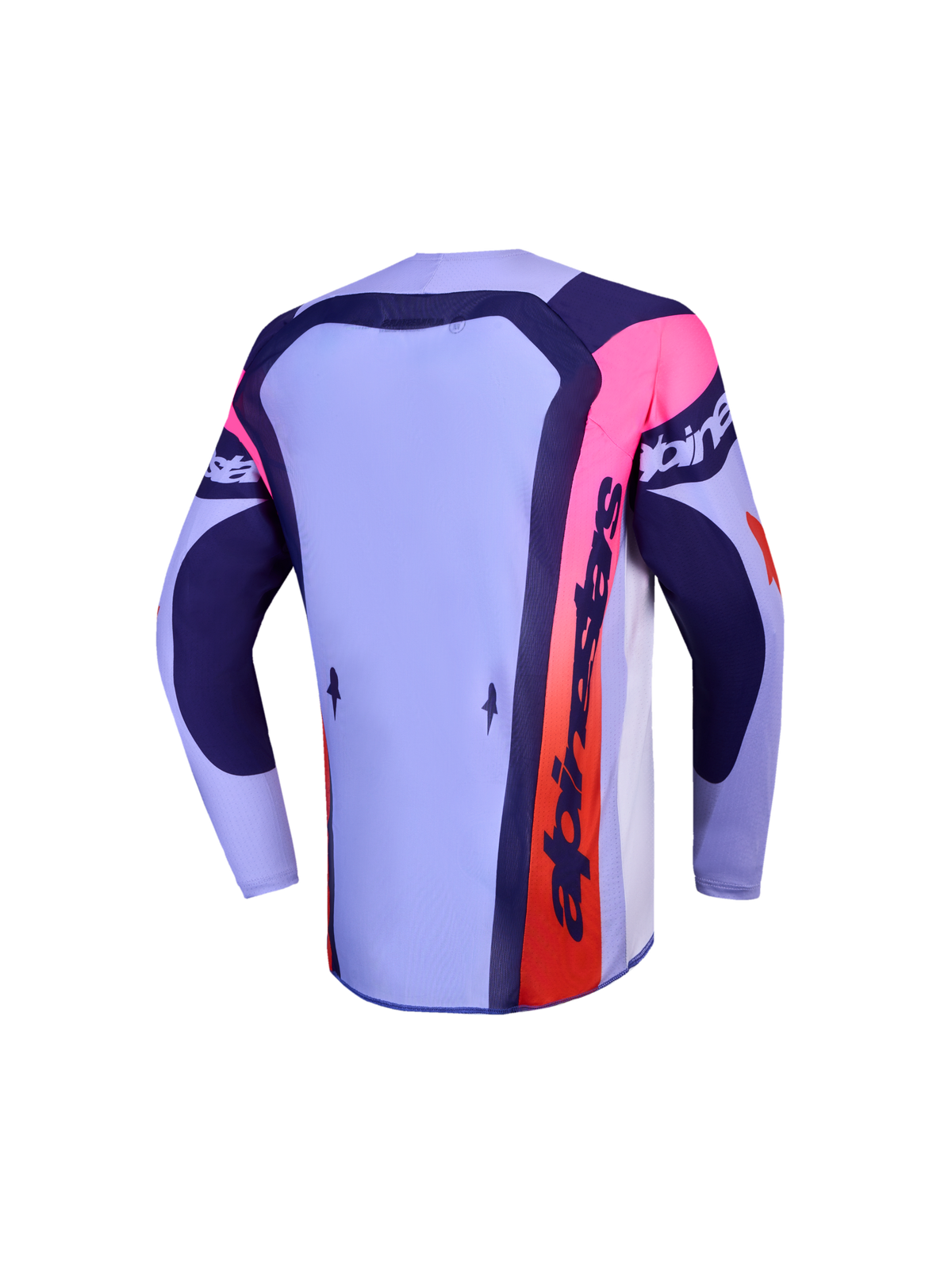 Alpinestars Ungdom Supertech Dyna trøje, teknisk motocrosstrøje set bagfra, lilla og mørkeblå med pink detaljer, designet til terrænkørsel.