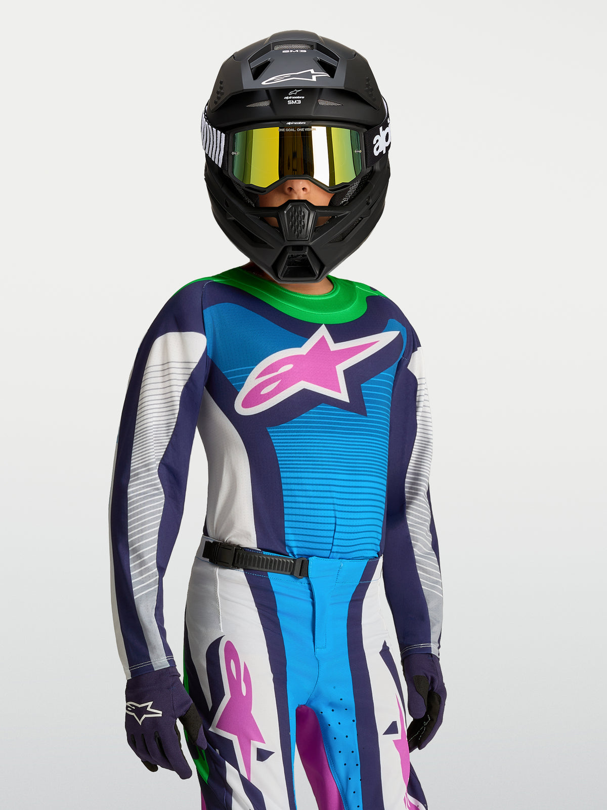 Alpinestars Youth Supertech Maven Jersey, Motocross Racing, Blue and White, athletic fit stretch mesh, on a young rider.