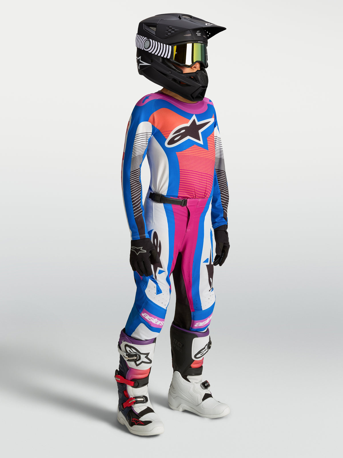 Alpinestars 2027 Youth Supertech Maven Jersey and Gear Set, blue and hot coral motocross apparel in stretch mesh.