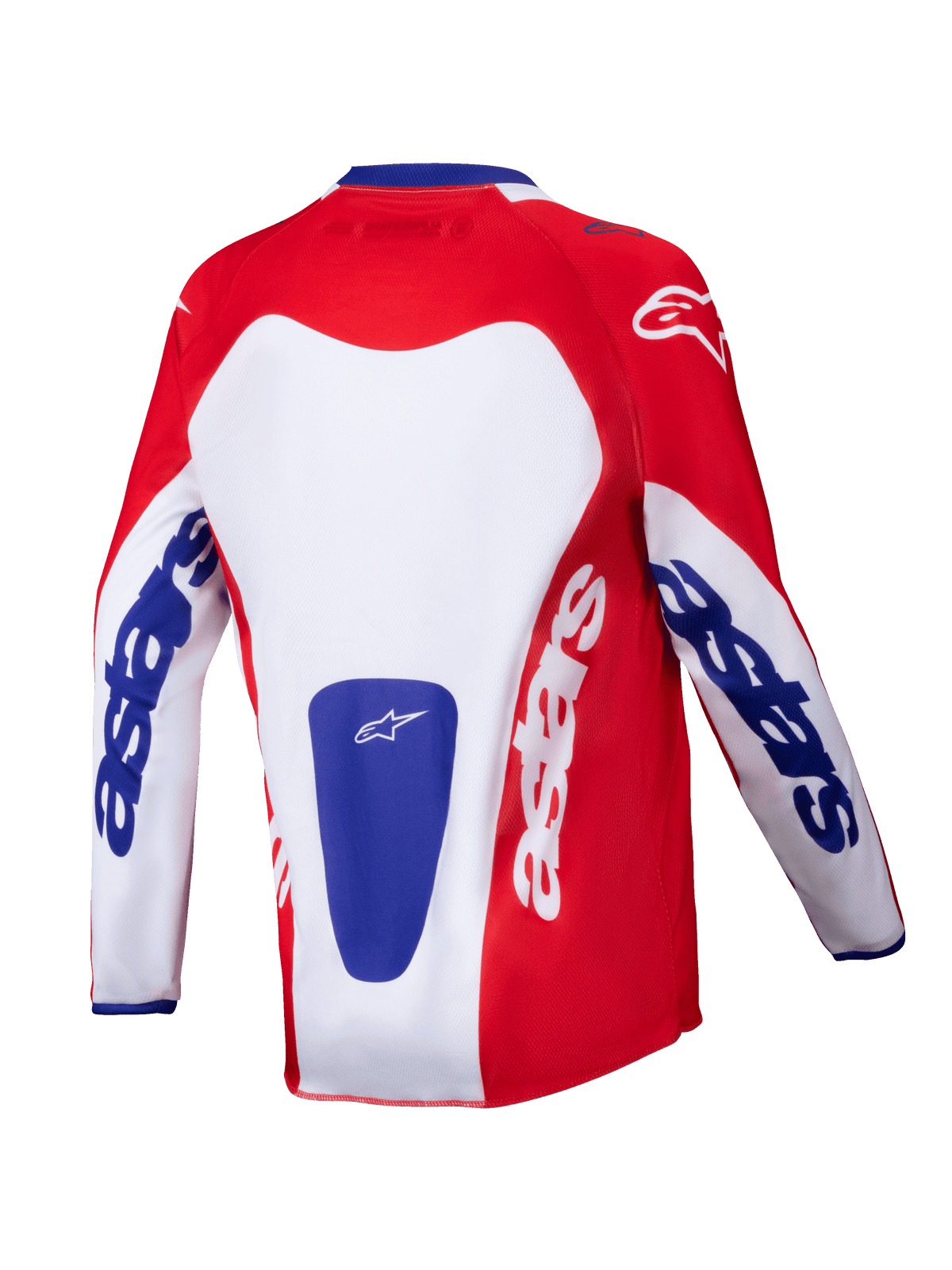 Alpinestars 2025 Youth Racer Veil jersey, motocross-trøje, klar rød og hvid med blå detaljer, set bagfra med markant 'astars'-branding på ærmer og ryg, designet til off-road kørsel til unge