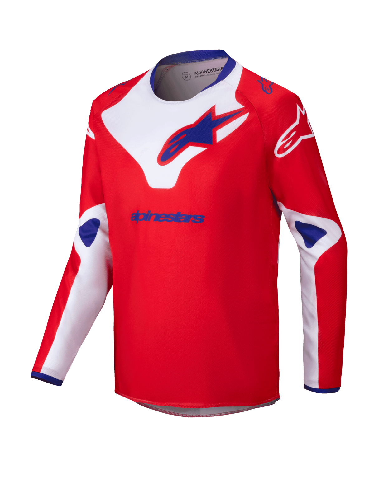 Alpinestars 2025 Youth Racer Veil trøje, motocross-trøje, rød med hvide og blå detaljer, langærmet svedtransporterende materiale, store Alpinestars-logoer på brystet og skuldrene, blå indvendig krave, performance off-road beklædning