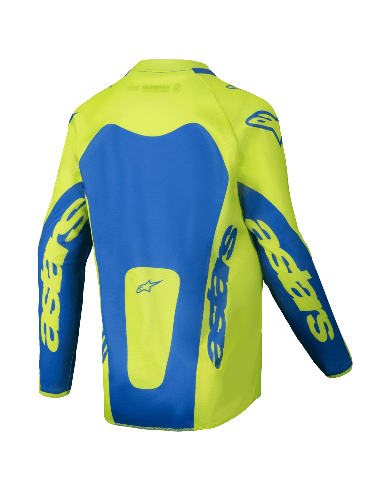 Alpinestars 2025 Youth Racer Veil trøje, motocrosstrøje til unge, gul fluo og blå, set bagfra med markante blå paneler og astars-branding på ærmerne, forlænget rygstykke for dækning, let fugttransporterende stof til off-road racing