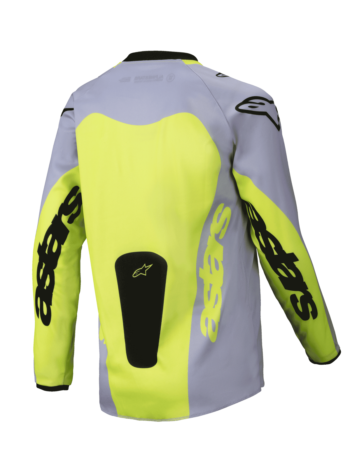 Alpinestars 2025 Youth Racer Veil jersey, set bagfra, grå og fluorescerende gul, med et stort gult rygpanel og Astars-branding på ærmerne, sort logomærke nederst, letvægts motocross-udstyr til off-road kørsel