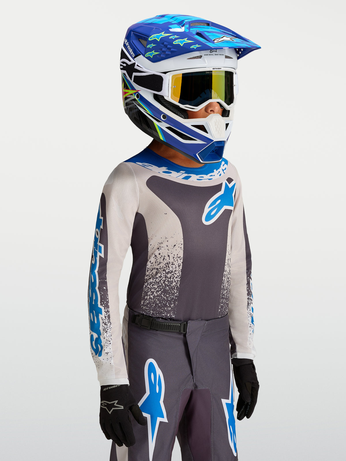 Alpinestars Youth Fluid Drag Jersey, youth motocross racing jersey in graystone and UCLA blue, performance textile.