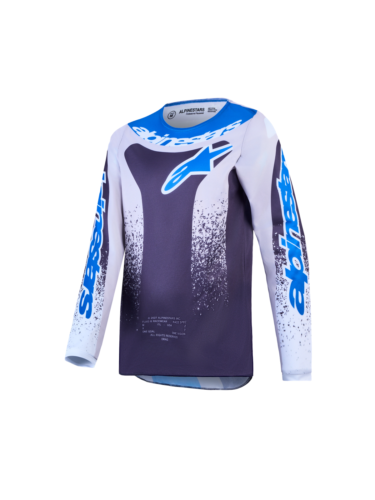 Alpinestars Fluid Drag trøje ungdom, åndbar motocross-trøje til terrænkørsel, grå og blå, letvægts poly-stof med ergonomisk pasform.