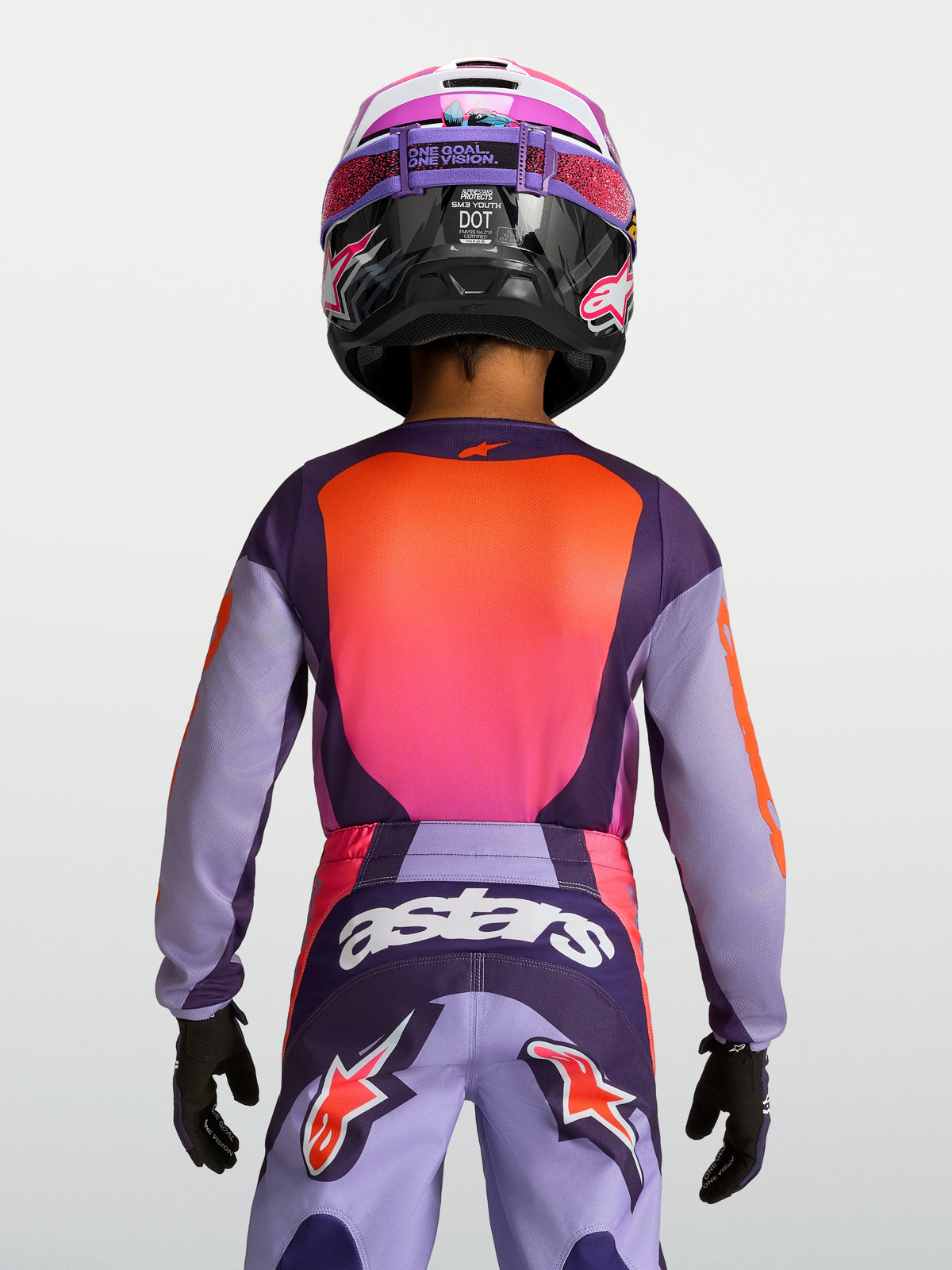 Alpinestars 2027 Fluid Hunt Trøje Ungdom, lilla og pink motocrosstrøje til børn, set bagfra med fugttransporterende materiale og ergonomisk pasform.