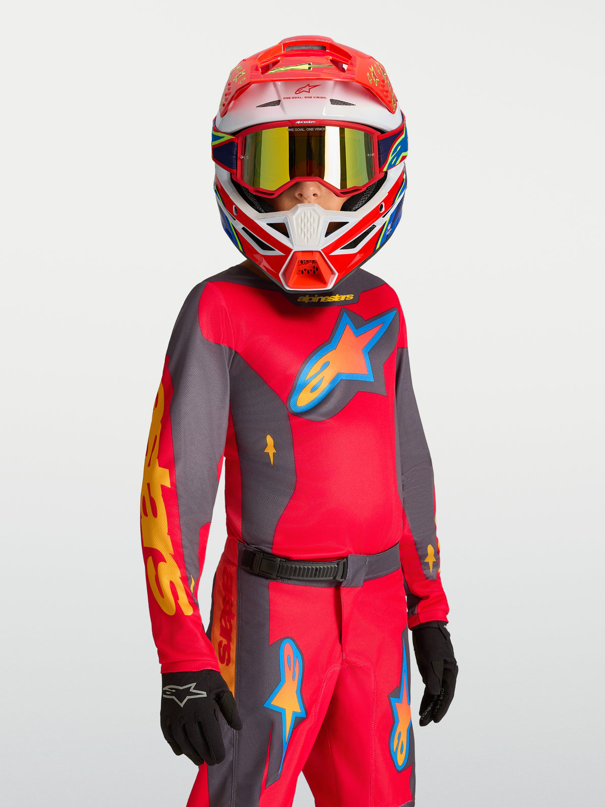 Alpinestars 2027 Fluid Hunt trøje til ungdom, rød og grå fugttransporterende motocrosstrøje til off-road kørsel.