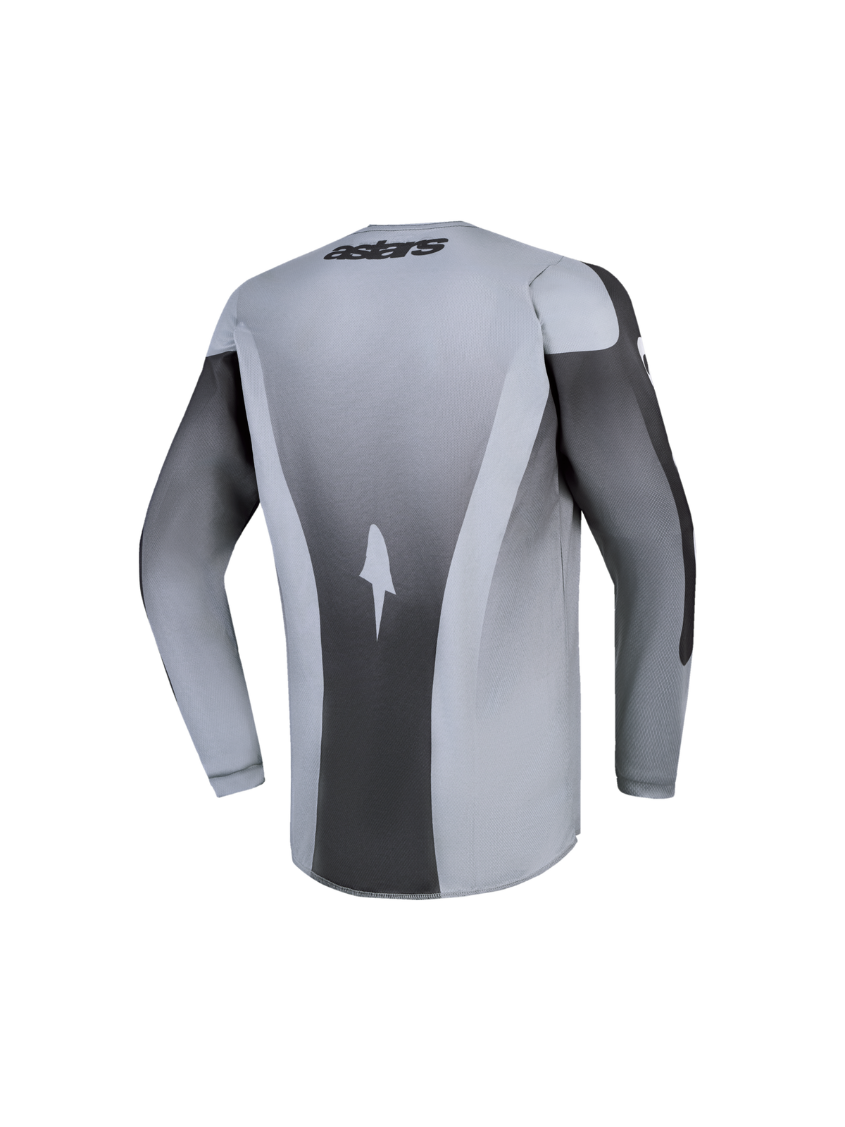 Alpinestars 2027 Ungdom Fluid Amber trøje, motocrosstrøje til unge set bagfra i grå og sort, fugttransporterende poly-stof med ergonomisk pasform til off-road kørsel.