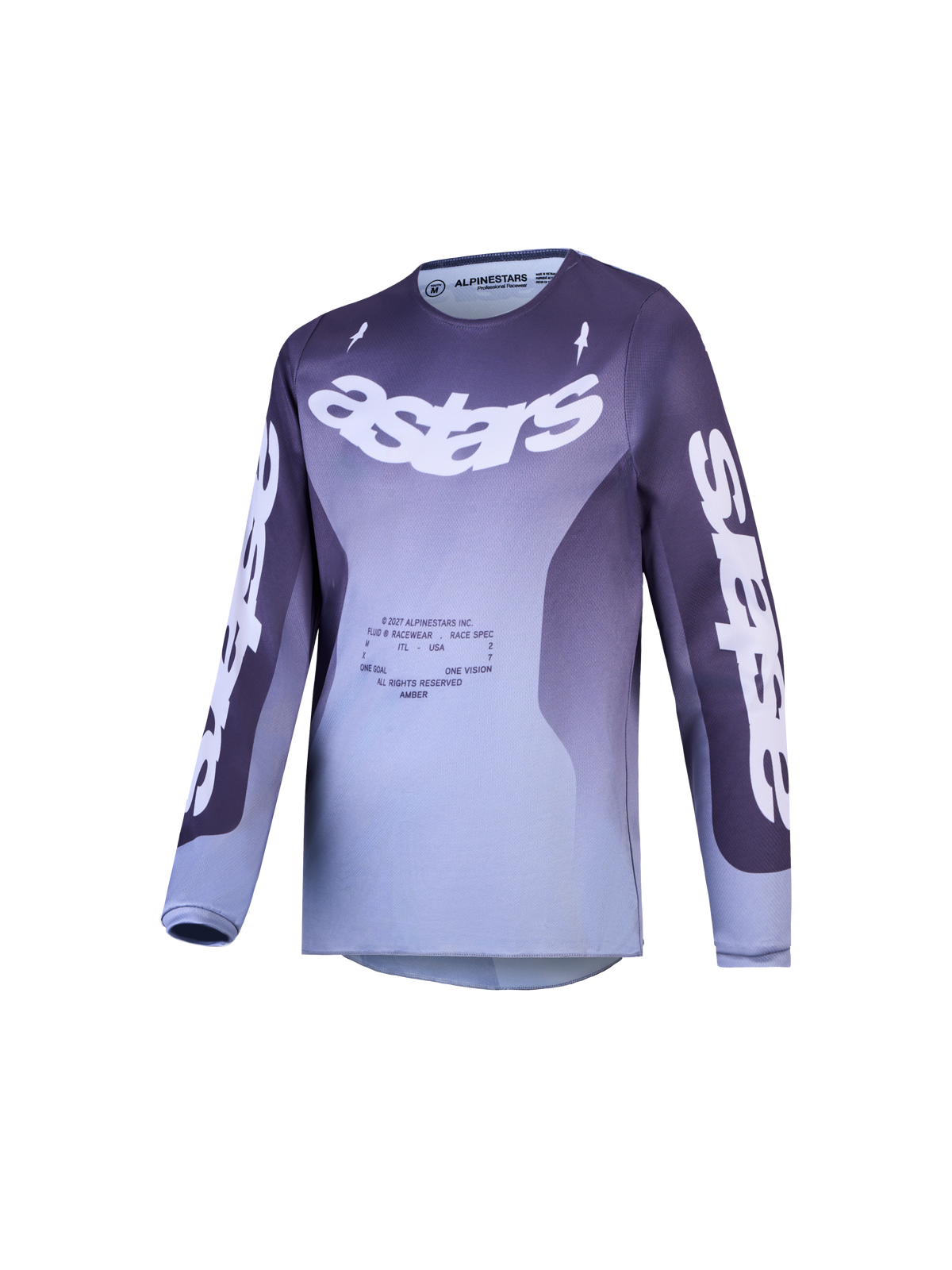Alpinestars Ungdom Fluid Amber trøje, lilla og grå motocrosstrøje med gradient, Astars-branding og off-road design.