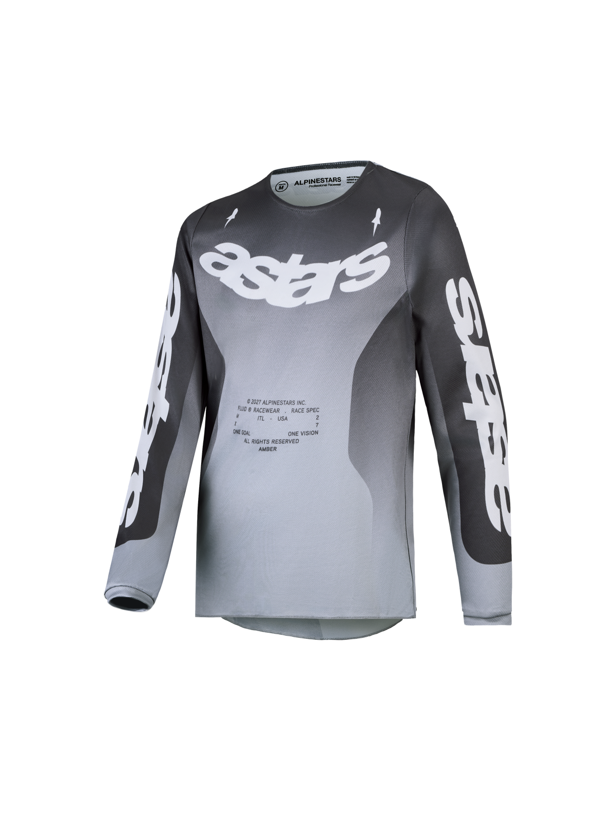 Alpinestars 2027 Ungdom Fluid Amber Trøje, motocrosstrøje til unge, grå og hvid gradient, fugttransporterende og åndbart poly-stof, ergonomisk pasform til off-road kørsel