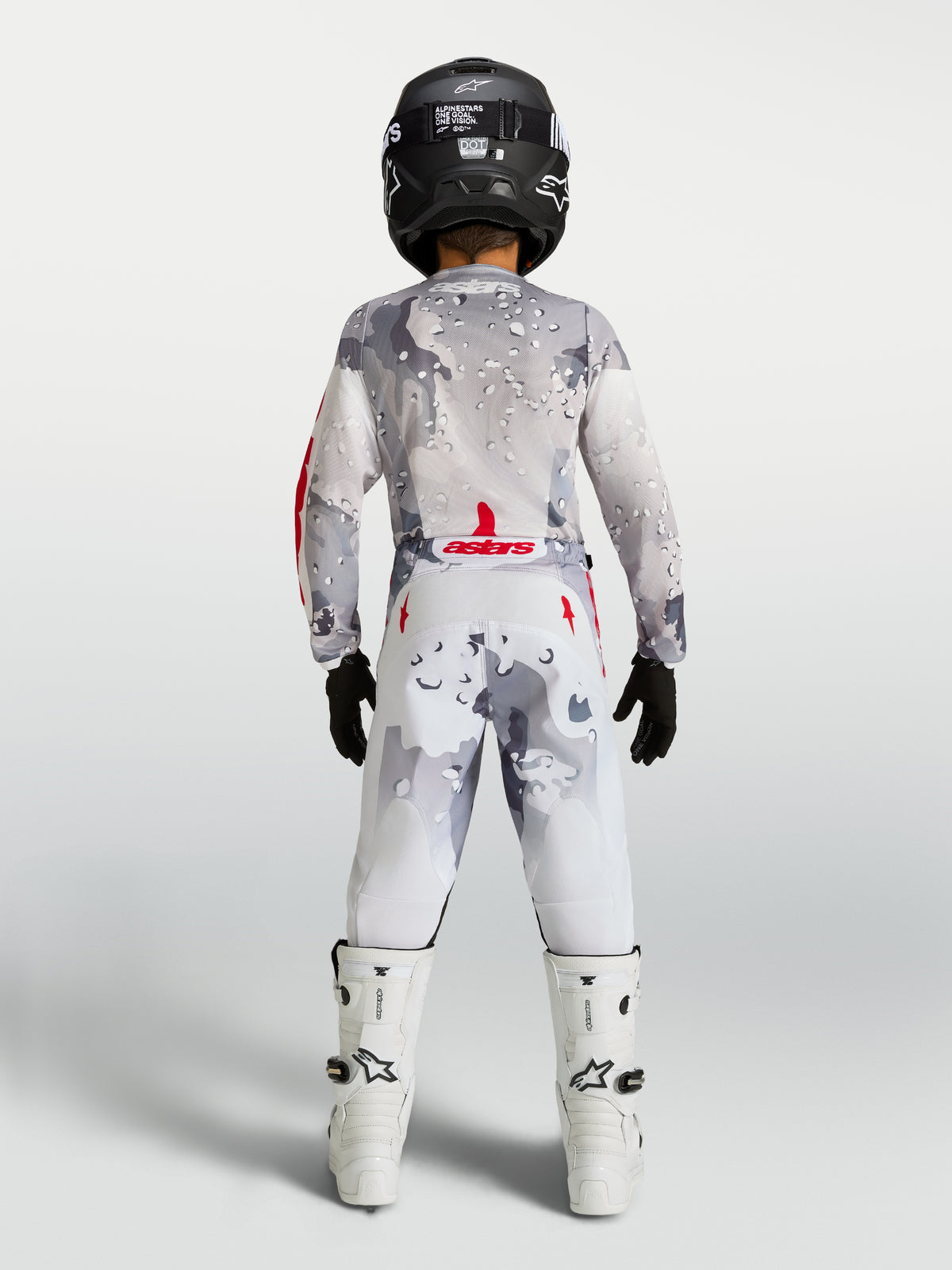 Alpinestars 2027 Youth Fluid Lone Jersey and Gear Set, gray camo and white motocross gear with fire red accents, back view.