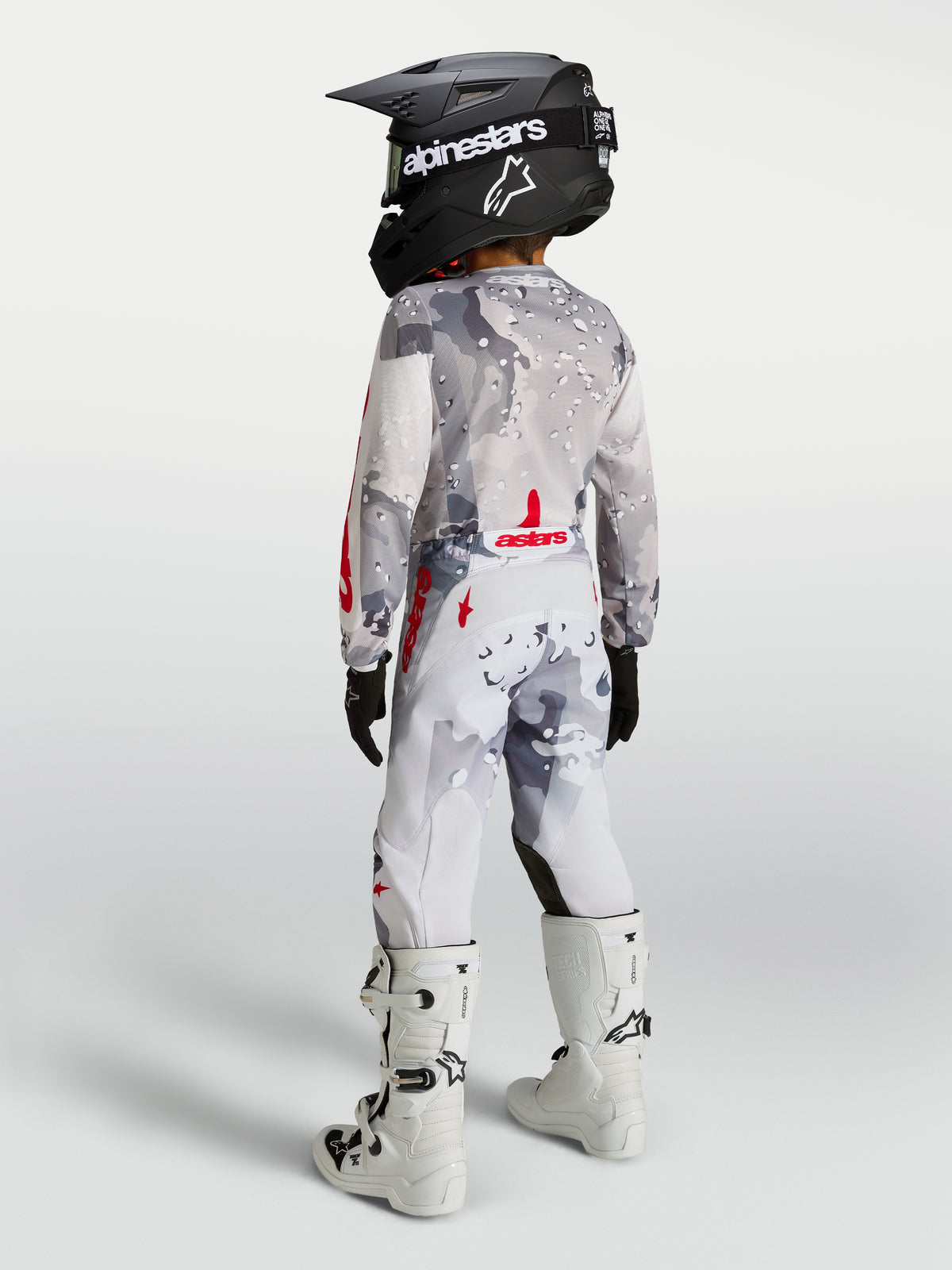 Alpinestars 2027 Youth Fluid Lone Gear Set, gray camo and white motocross apparel with red accents, on-model back view.