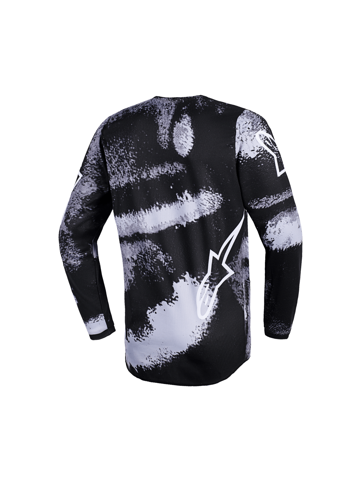 Alpinestars 2026 Youth Fluid Lahnd Jersey, motocross-trøje til unge, sort og hvidt Iron Camo-design med penselstrøg, set bagfra, lange ærmer, hvidt Alpinestars-logoomrids, præstationsorienteret terrænudstyr