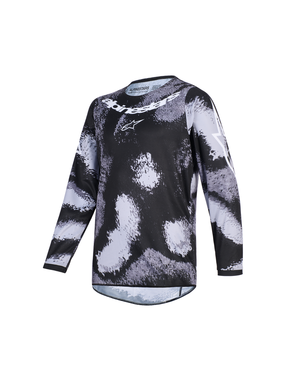 Alpinestars 2026 Racer Lahnd trøje, motocross jersey, Iron Camo, sort og gråt camouflagemønster, hvidt Alpinestars-navnetræk og logo på brystet, langærmet performance-beklædning til terrænkørsel