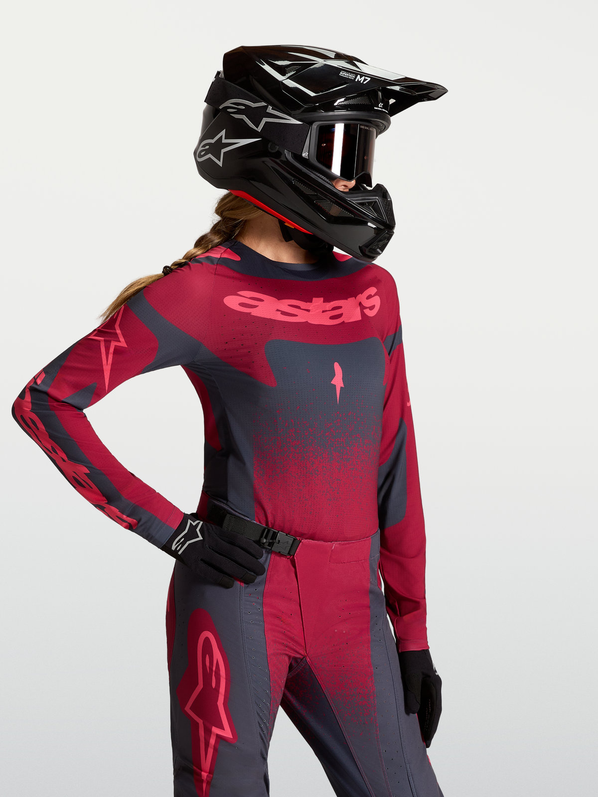 Alpinestars Stella Techstar Swan Trøje, motocross-trøje til damer, mørkerød og mørkegrå med atletisk pasform