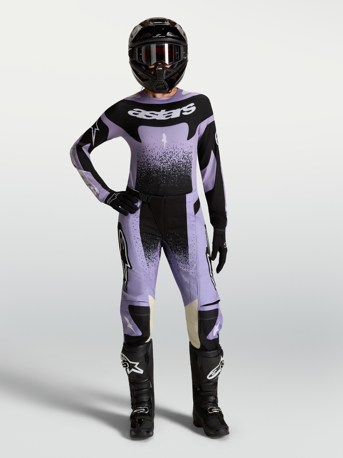 Alpinestars Stella Techstar Swan Pants, women's motocross pants in light violet and black, engineered for off-road performance.