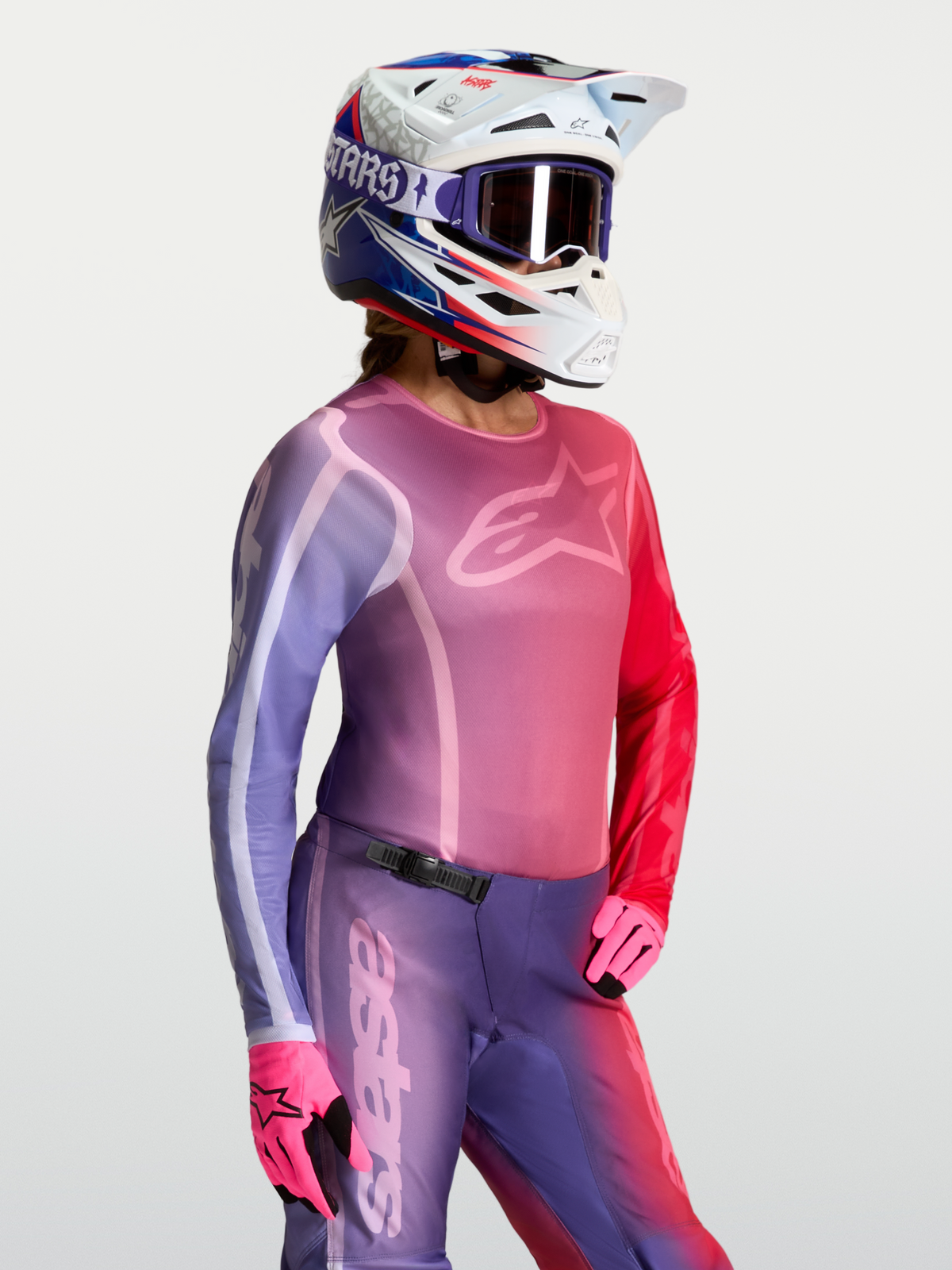Alpinestars Stella Fluid Kepler trøje, dame-motocrosstrøje, lilla og rød, fugttransporterende tekstilkonstruktion.