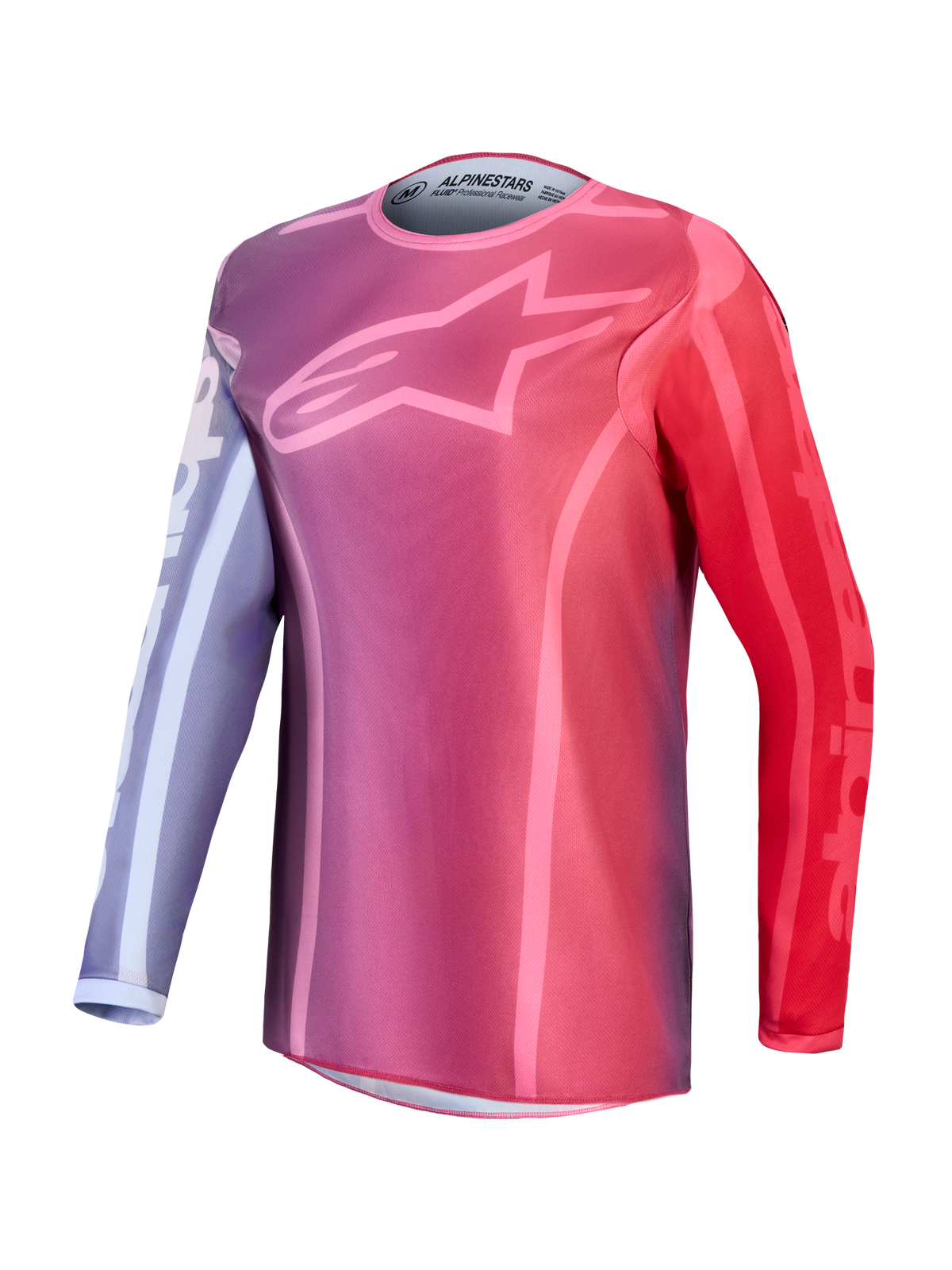 Alpinestars Stella Fluid Kepler trøje, dame-motocross-trøje i lilla og rød med grafisk stjernelogo på brystet.