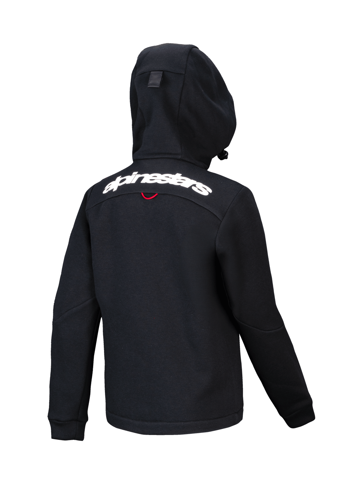 Alpinestars Youth Racer MX Fleece, sort motocross-hættetrøje, set bagfra med hvidt Alpinestars-ordmærke over skuldrene, struktureret fleece med kompakt hætte, ergonomisk design til terrænkørsel