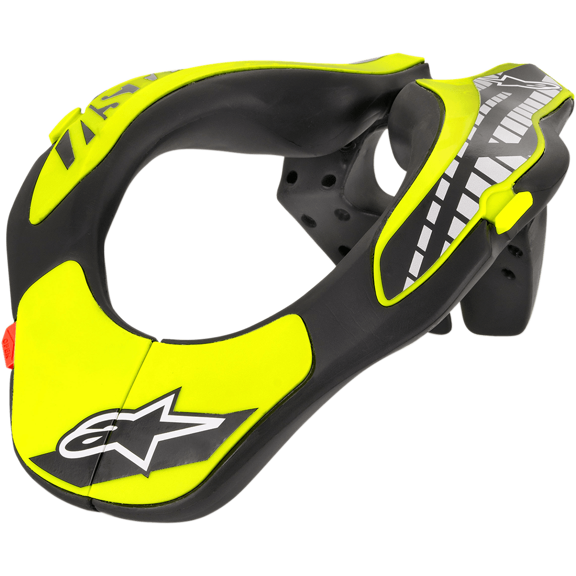 Alpinestars Youth Neck Support, motocross-nakkebeskyttelse, sort og neongul, med en ergonomisk profileret ramme og Alpinestars-stjernelogo, letvægtskonstruktion til motocross og off-road beskyttelse til unge