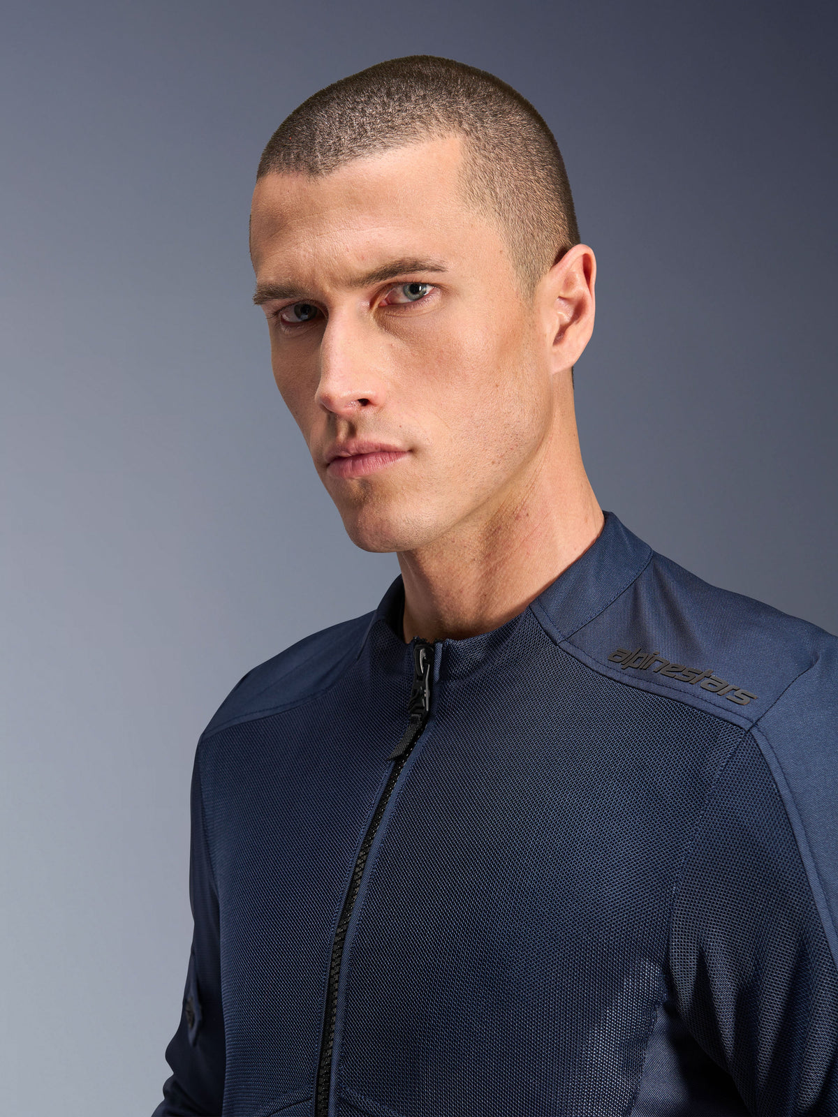 Alpinestars C-1 Air Jacket, Men's Urban Motorcycle Jacket, Blue tech mesh textile with shoulder branding.