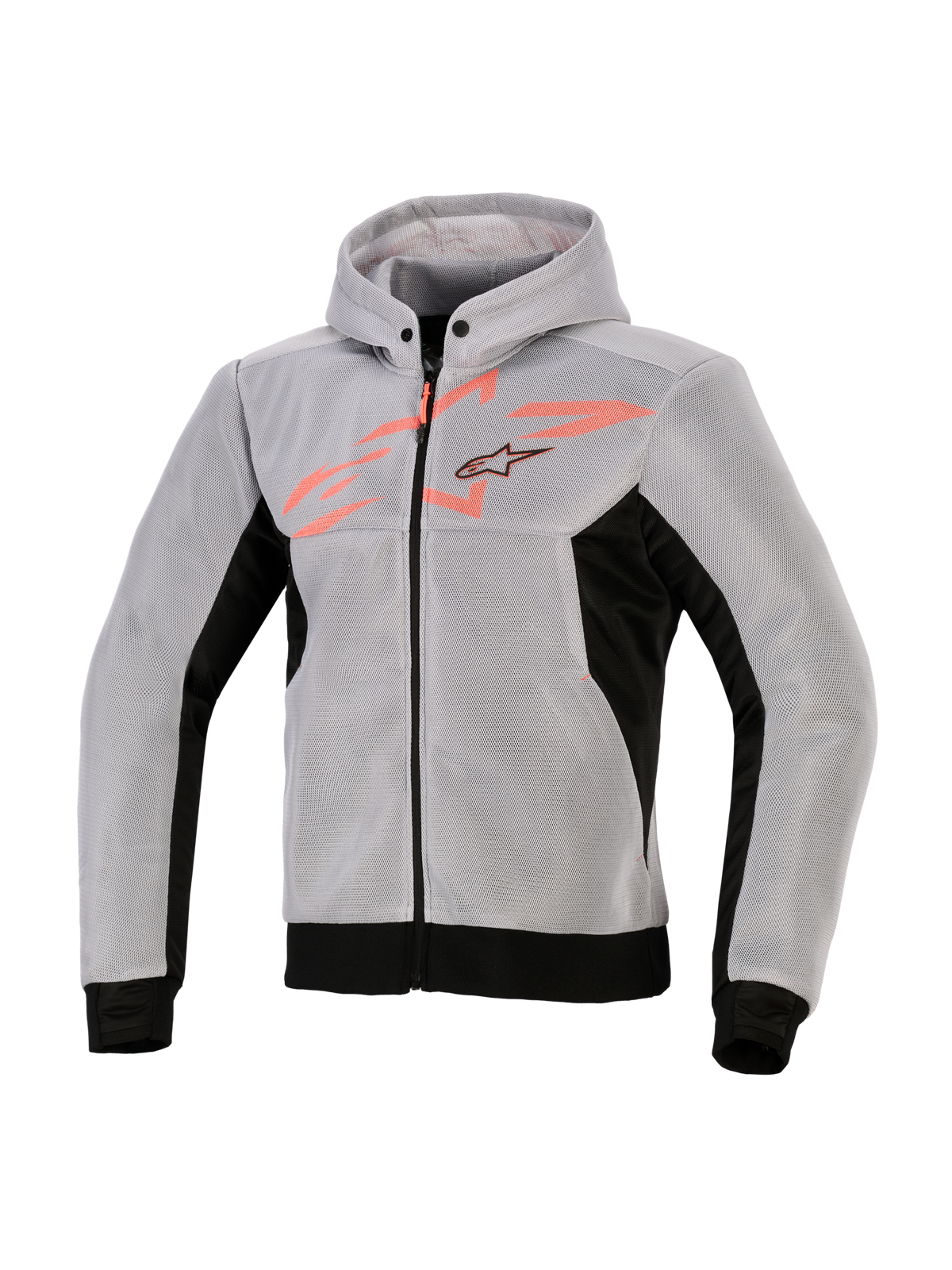 Alpinestars Chrome Superairflow Hoodie, teknisk køretrøje, sort, mellemgrå og fluorescerende rød, 3D teknisk mesh-konstruktion, lysegrå med sorte sidepaneler og kant, fluorescerende rød grafik på brystet med Alpinestars stjernelogo, sporty motorcykeludstyr