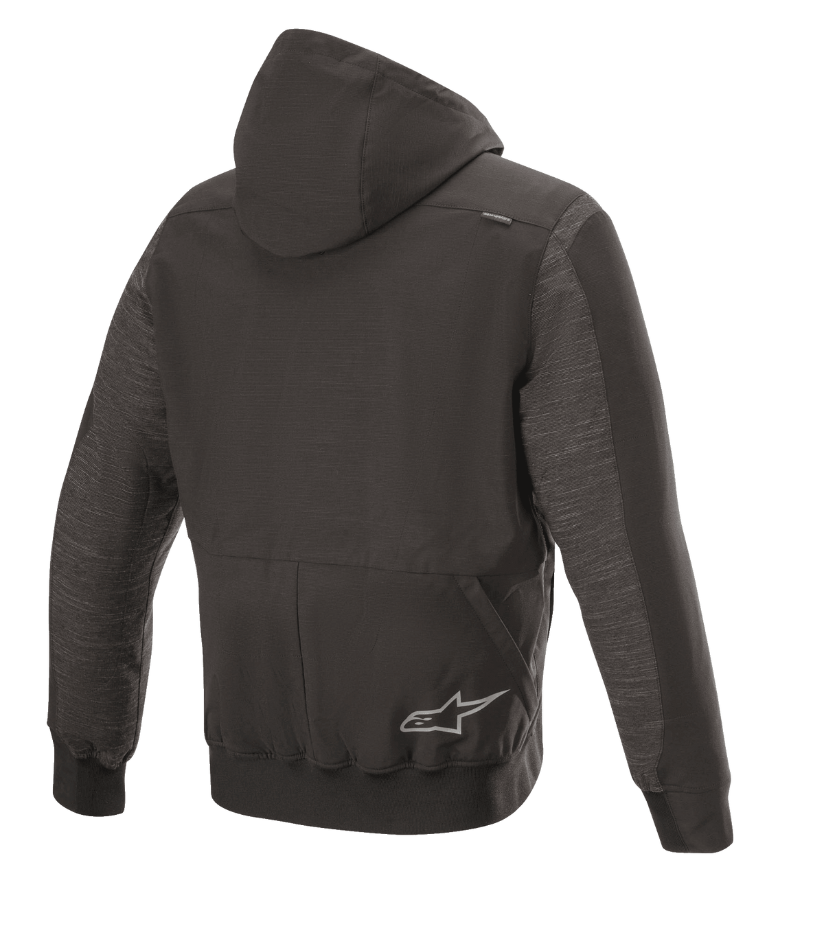 Alpinestars Rhod Windstopper Hoodie, urban motorcykeljakke, Melange Black, set bagfra med en aftagelig hætte, ribbede manchetter og kant samt et diskret stjernelogo på ryggen.