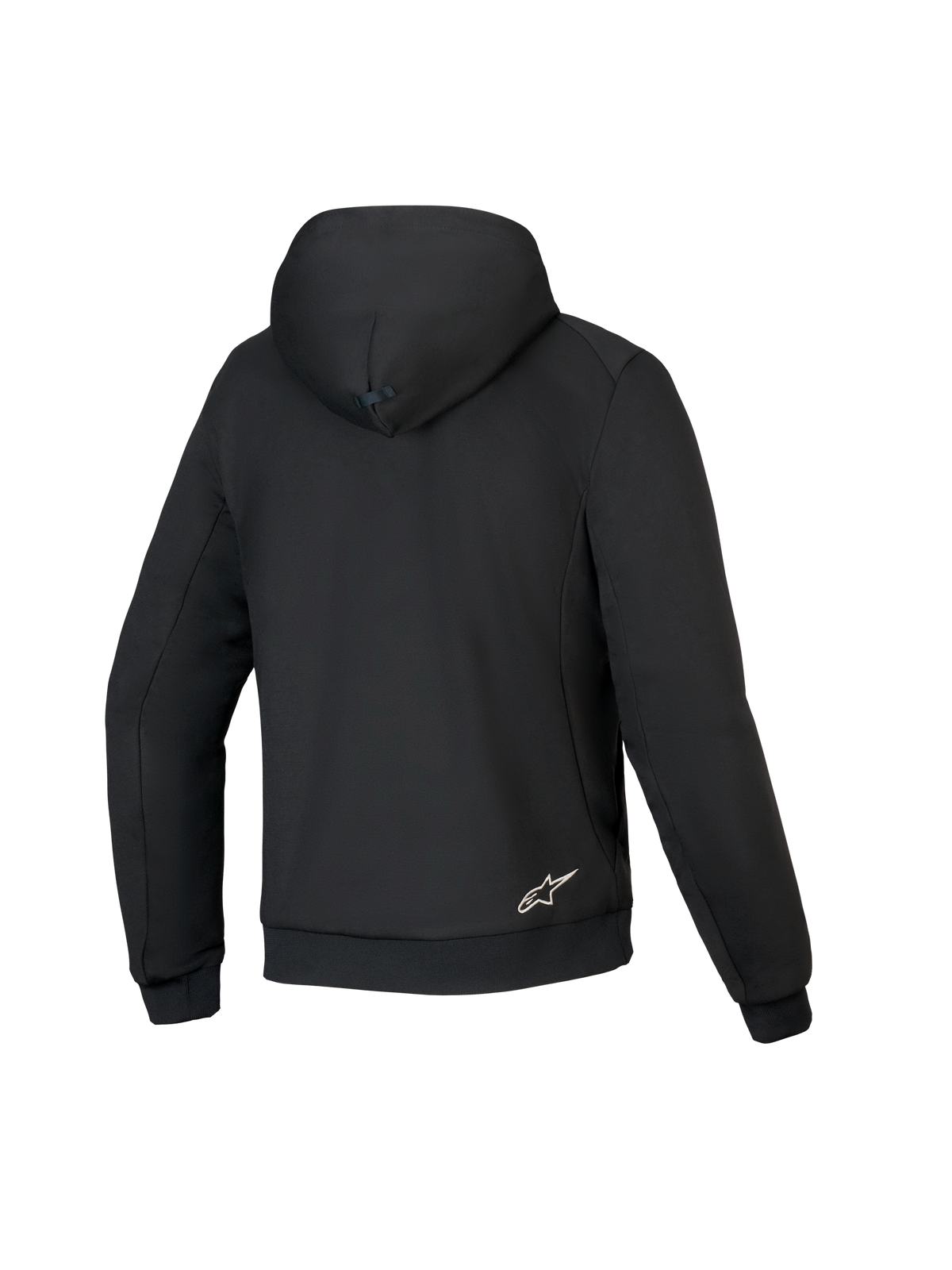 Alpinestars Honda Chrome V3 Sport Hættetrøje, sort, motorcykel hættetrøje set bagfra, teknisk fleece-konstruktion, hætte med trykknapforbindelse, ribbede manchetter og kant, lille hvidt Alpinestars-logo nederst på ryggen