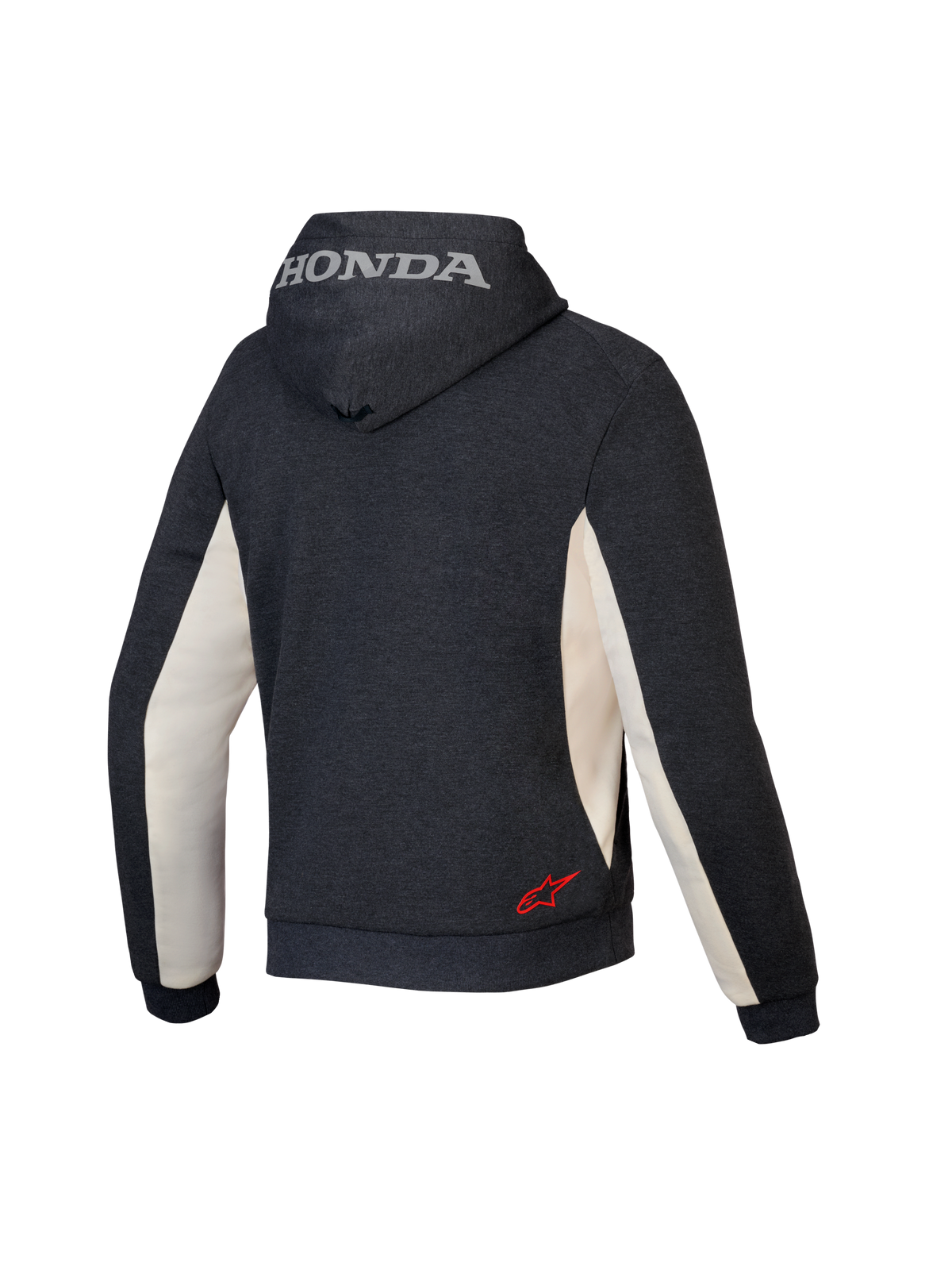 Alpinestars Honda Chrome V3 Sport Hoodie, urban motorcykel-hættetrøje, Anthracite Melange og Off White, set bagfra med sølvfarvet Honda-logo på hætten og rødt Alpinestars-stjernelogo nederst på ryggen, teknisk fleece-konstruktion