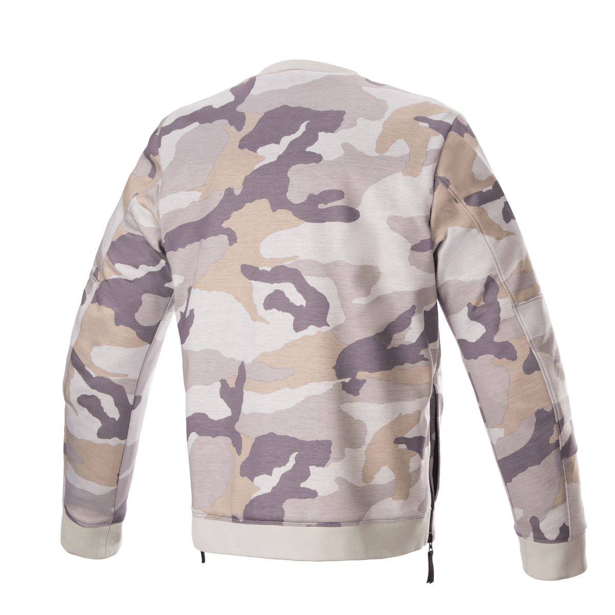 Alpinestars Legit Crew Fleece, motorcykel-pullover, lysegrå camouflage, set bagfra, camouflagemønster i nuancer af grå og beige, ribstrikket krave og kant, sidelynlåse, afslappet urbant køreudstyr