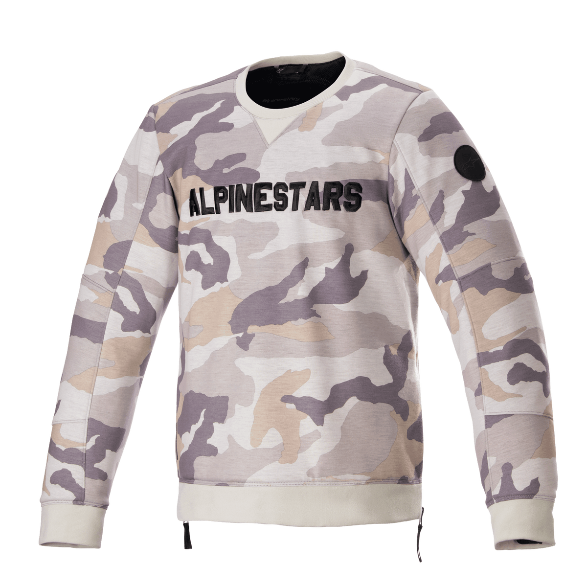 Alpinestars Legit Crew Fleece, motorcykel-pullover, lys grå camouflage, markant sort ALPINESTARS-logo på brystet, sort cirkulært mærke på ærmet, ribbede manchetter og ribkant, afslappet urbant køreudstyr