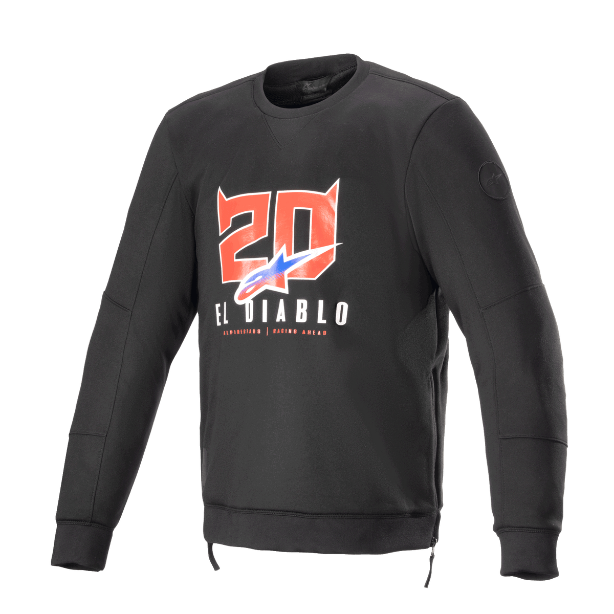 Alpinestars FQ20 Legit Crew Fleece, sort langærmet motorcykel-sweatshirt, rød '20' grafik med djævlehorn og 'El Diablo' på brystet, blåt og rødt farvetonet logo, side lynlåse og ribkanter, urbant afslappet køreudstyr