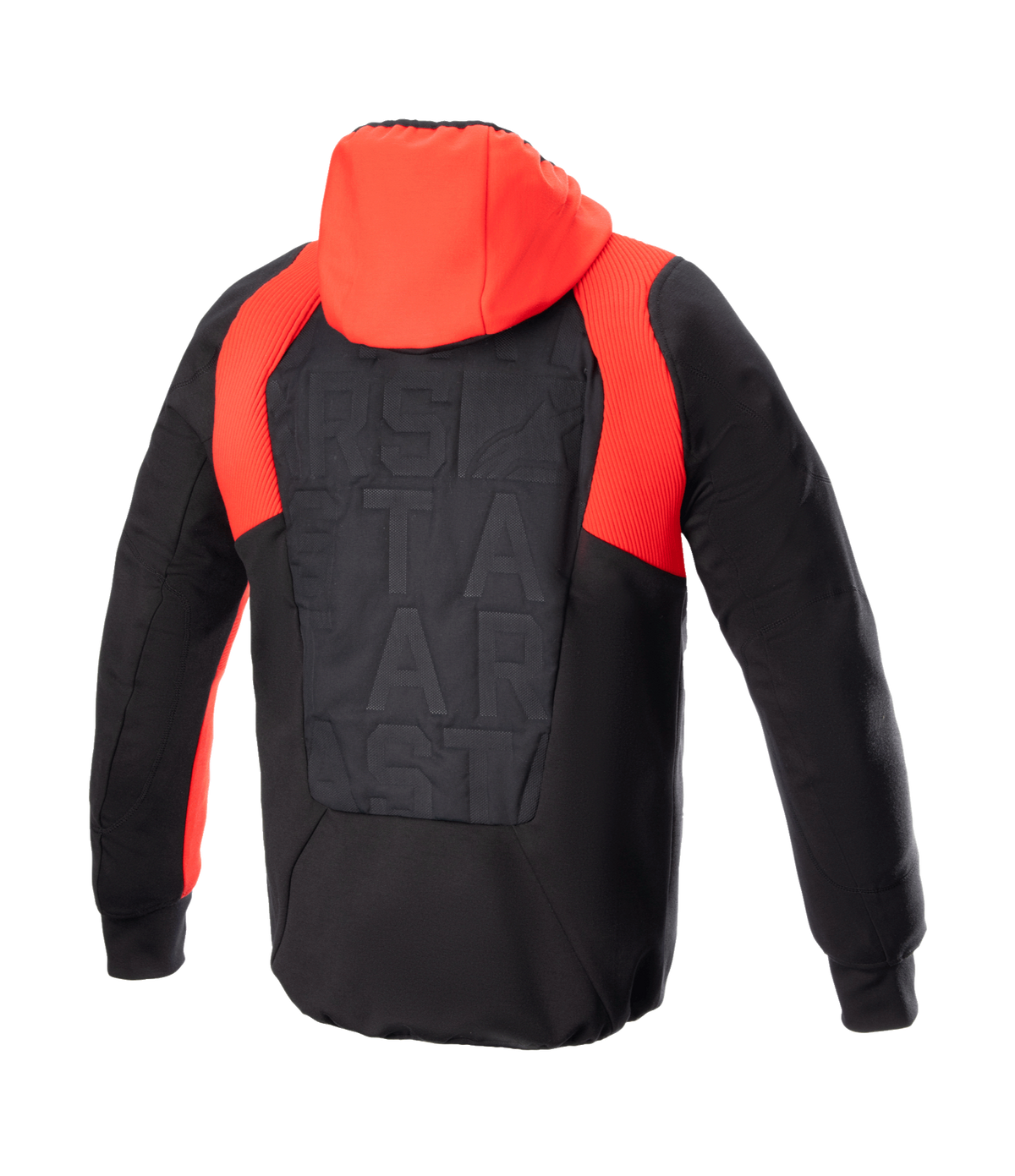 Alpinestars MO.ST.EQ Hybrid Hooded Jacket, back view, Black and Flame Red, featuring a bright red hood and ribbed shoulder accents, seamless padded back panel with tonal branding, urban motorcycle protective hoodie