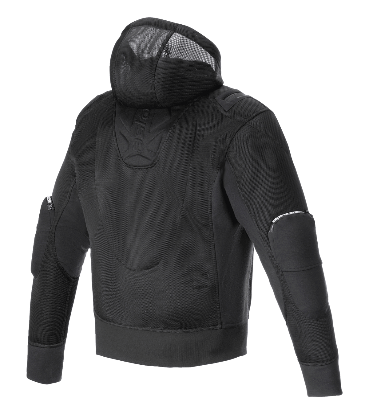 Alpinestars Moflow Air Tech Hoodie, Men's Motorcycle Jacket, Black, rear view featuring full high-density mesh construction, integrated mesh hood, and protective elbow panels, designed for maximum ventilation and urban style.