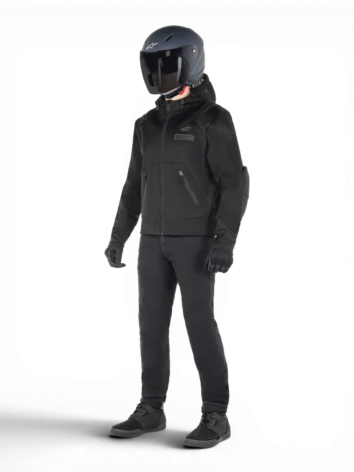 Alpinestars Moflow Air Tech hættetrøje, sort urban motorcykeljakke til herrer, fuld mesh og Tech-Air 3 Ready, vist på model.
