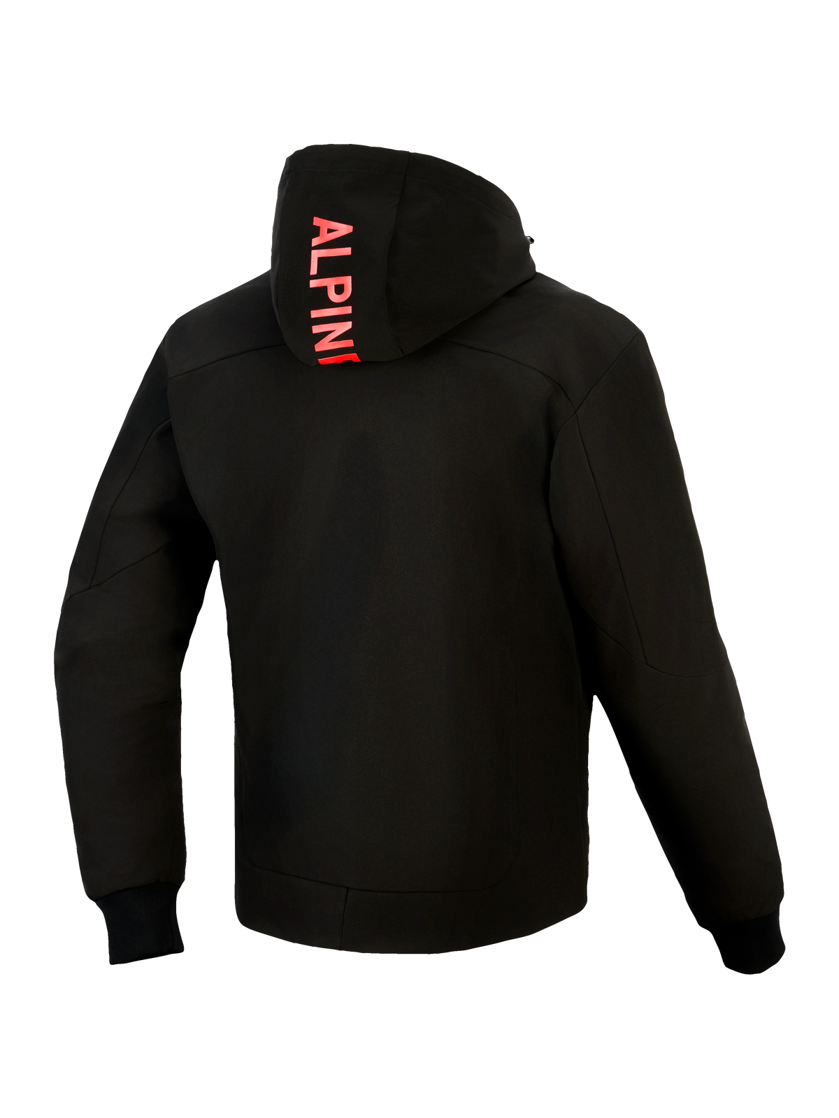 Alpinestars Radium Tech Hoodie, set bagfra, sort med klar rød, lodret Alpinestars-branding på hætten, 3-lags vindtæt teknisk skal, ribstrikkede stretch-manchetter og strømlinet urban atletisk pasform.