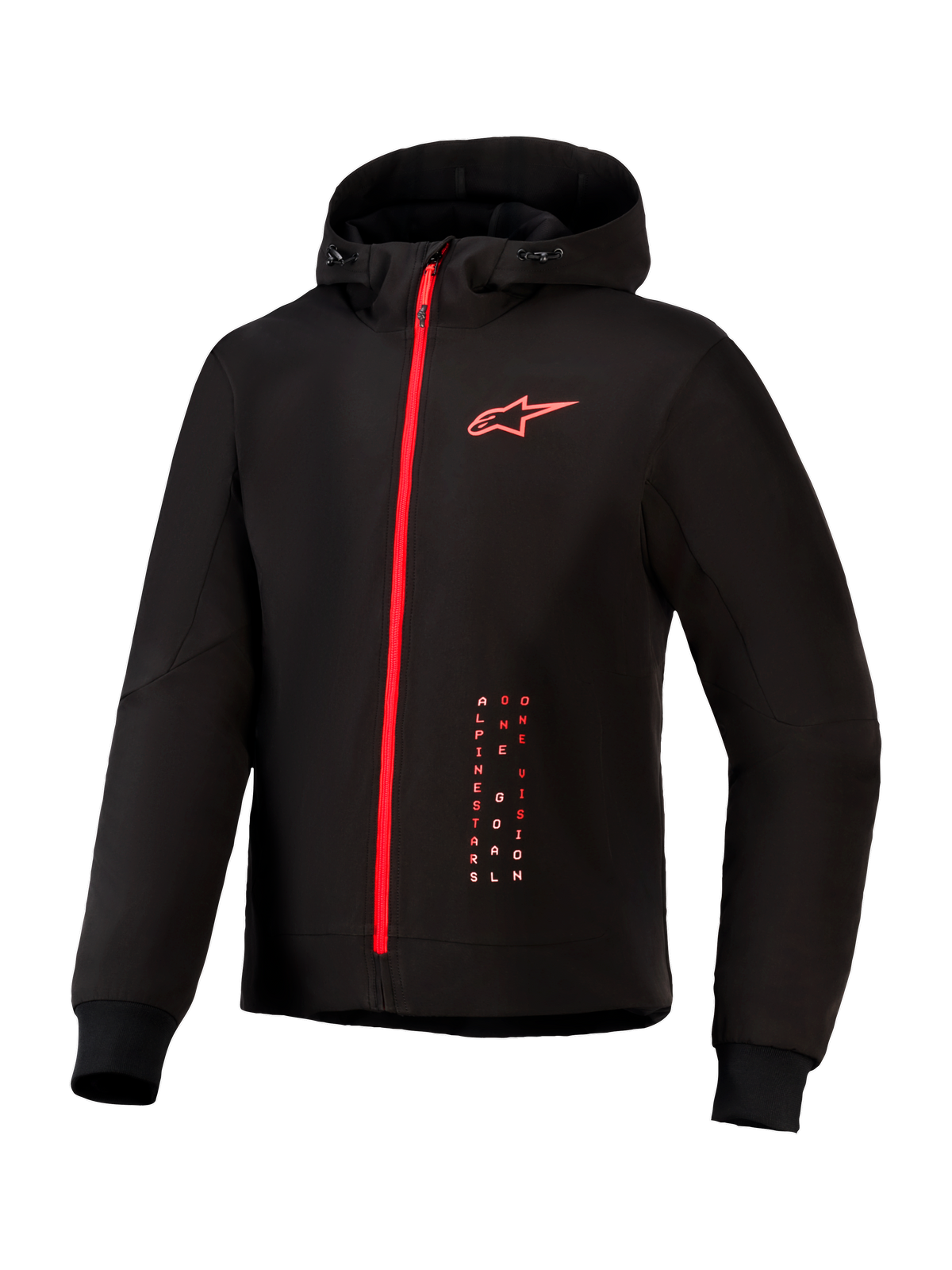 Alpinestars Radium Tech Hoodie, urban motorcykeljakke, sort og klar rød, med gennemgående rød lynlås, rødt Alpinestars-logo på brystet, hætte med snoretræk og ribbede manchetter på en teknisk vindtæt skal.