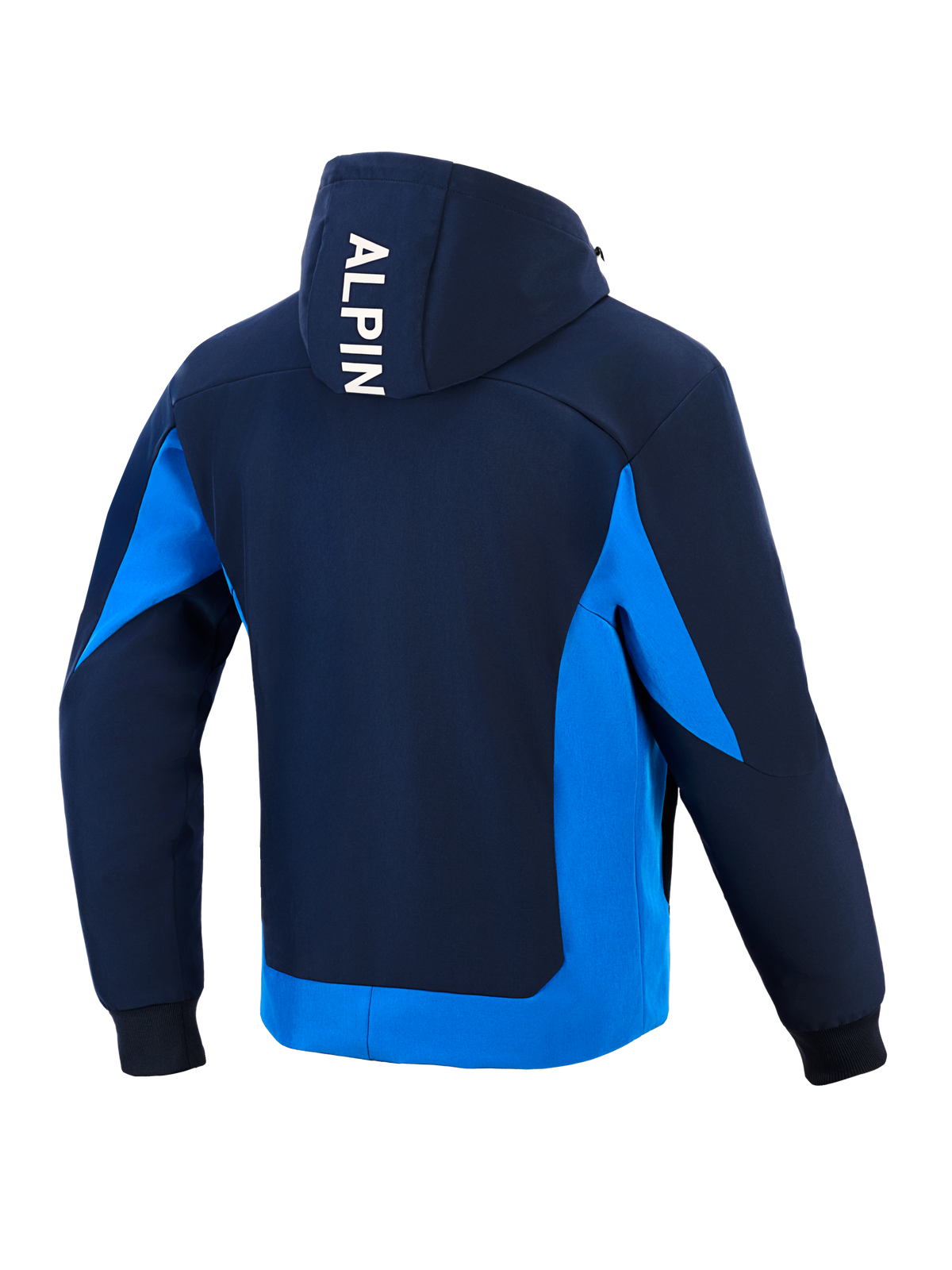 Alpinestars Radium Tech Hoodie, teknisk motorcykelhættetrøje, Night Navy og Royal Blue, set bagfra med hvid lodret 'ALPIN'-branding på hætten, lyseblå sidepaneler og nederste kant, ribstrikkede manchetter, urbant atletisk design
