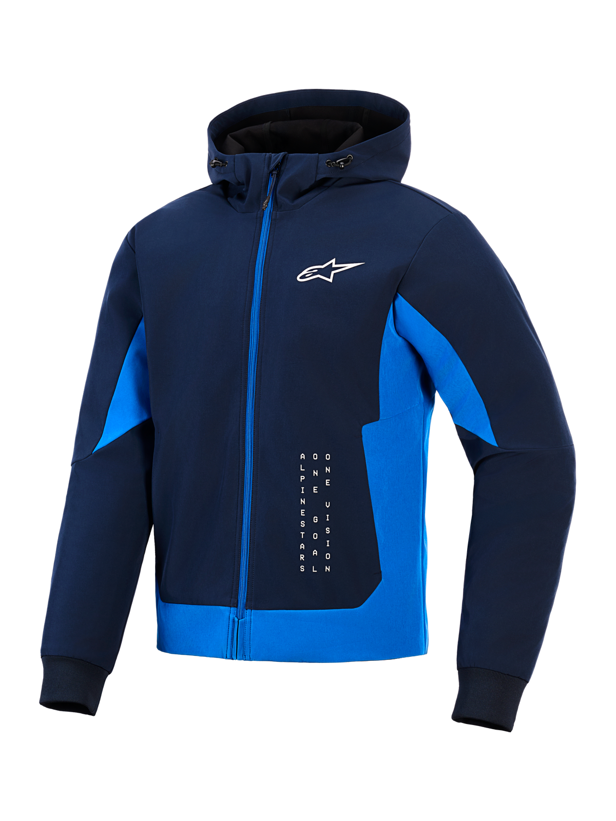 Alpinestars Radium Tech Hoodie, Night Navy og Royal Blue, teknisk shell-hættetrøje med fuld lynlås, hvidt Astar-logo og vertikal branding, urban motorcykeljakke