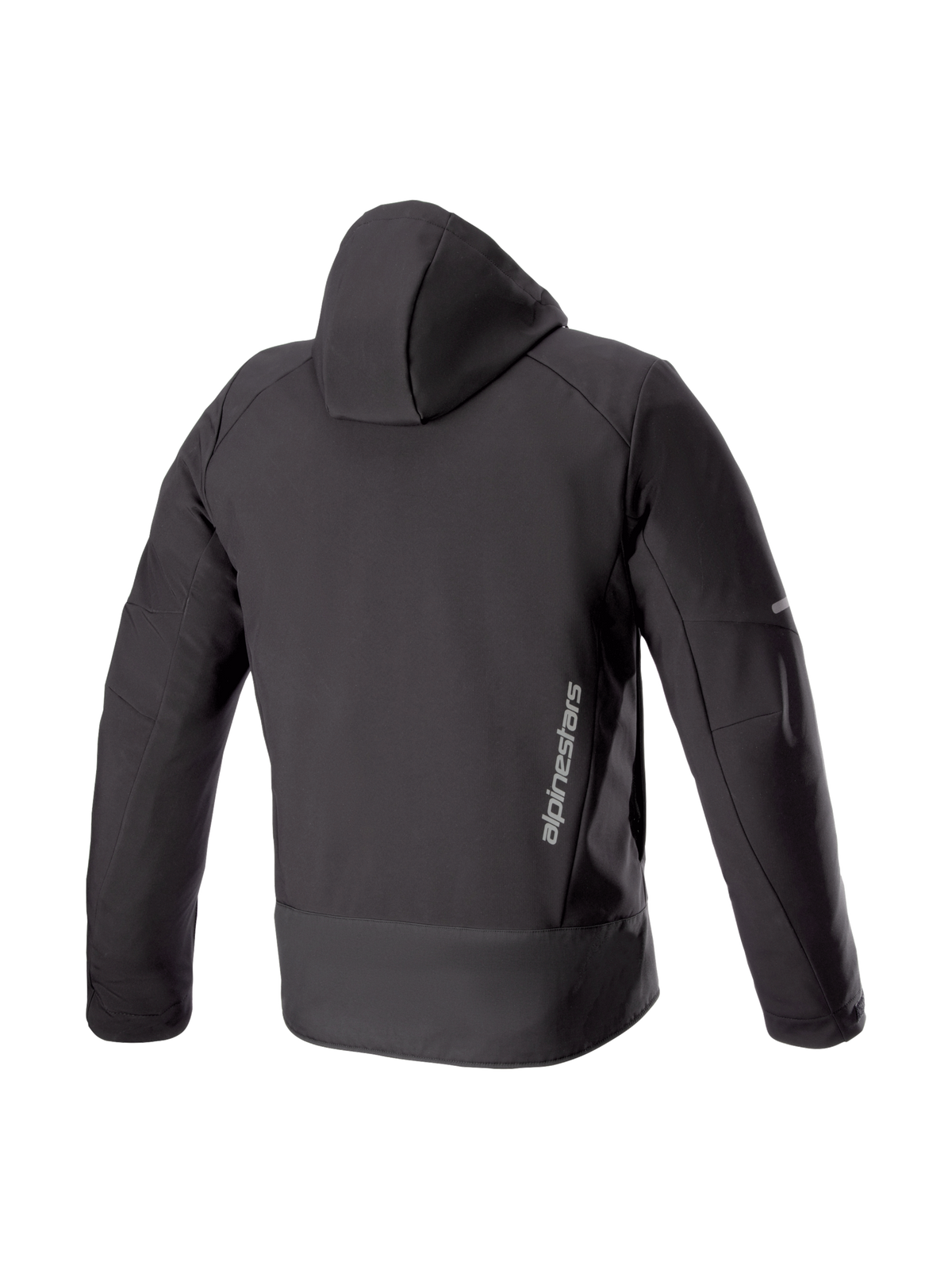Alpinestars Neo Waterproof Hoodie, black urban motorcycle jacket for men, back view in waterproof softshell with brand logo.