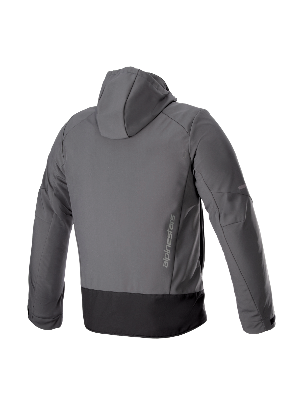 Alpinestars Neo Vandtæt Hættetrøje, urban motorcykeljakke i grå og sort, set bagfra med tekstil softshell og lodret logo