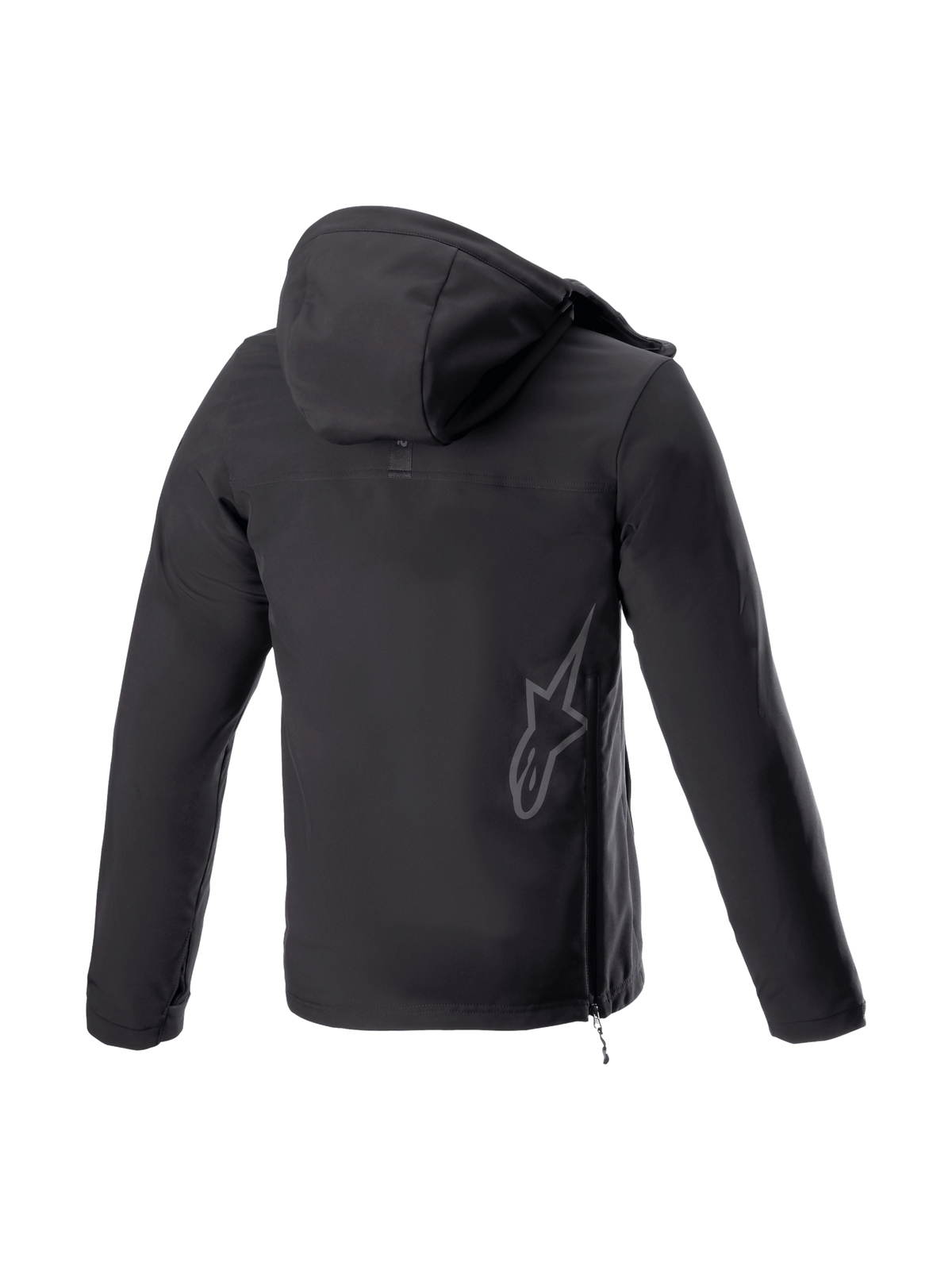 Alpinestars Sherpa Hoodie, black softshell urban motorcycle jacket, back view with reflective logo and side zip.