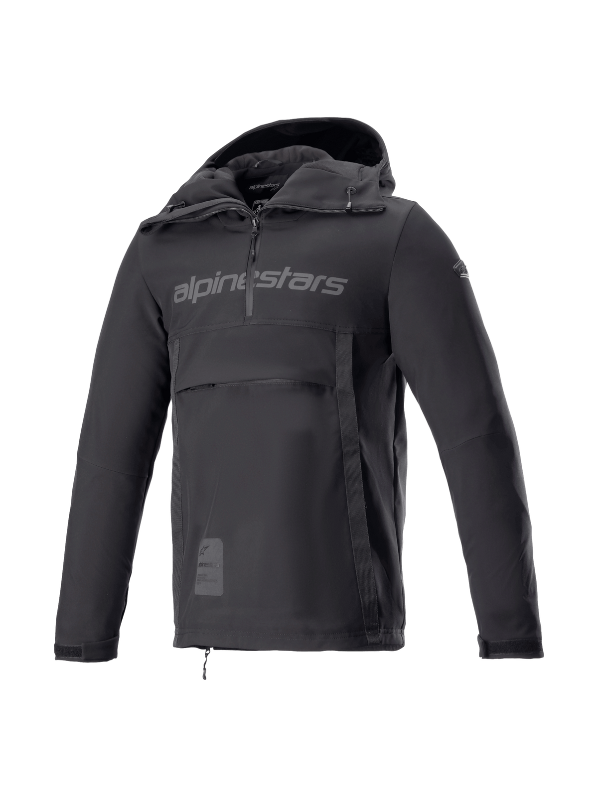 Alpinestars Sherpa Hoodie, black softshell motorcycle anorak for men, windproof urban riding jacket, Tech-Air Ready.